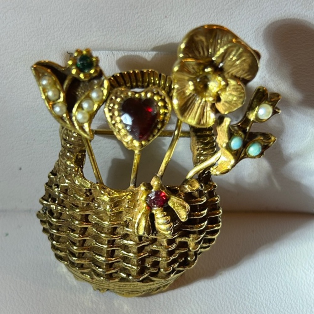 Gold Basket Brooch with Red and Green Gems